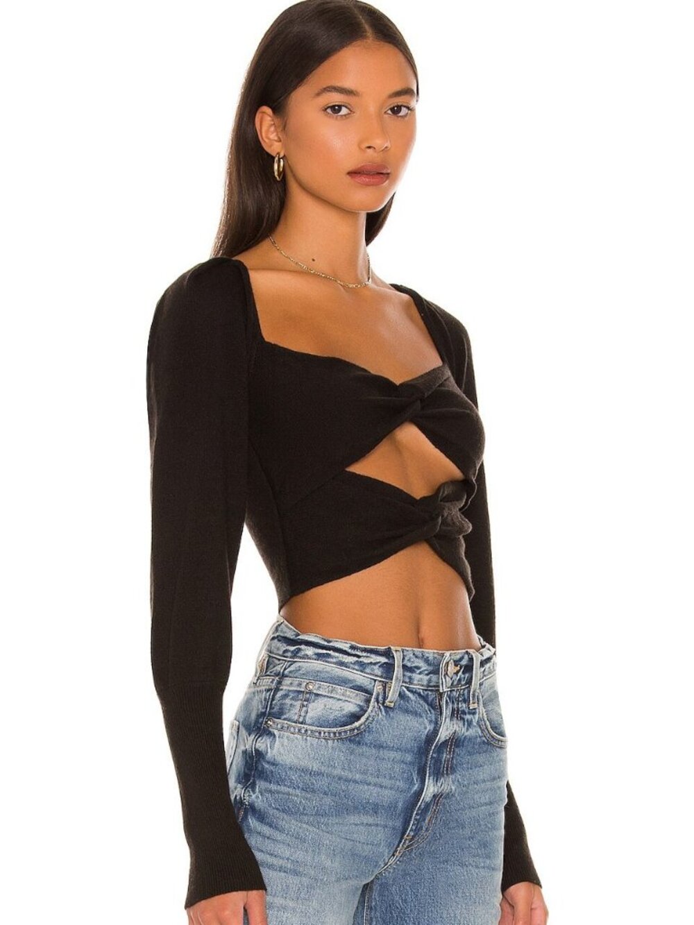 NEW LPA Ayla Micro-Rib Knit Crop Top Cut-Out Long Sleeves Black Medium
